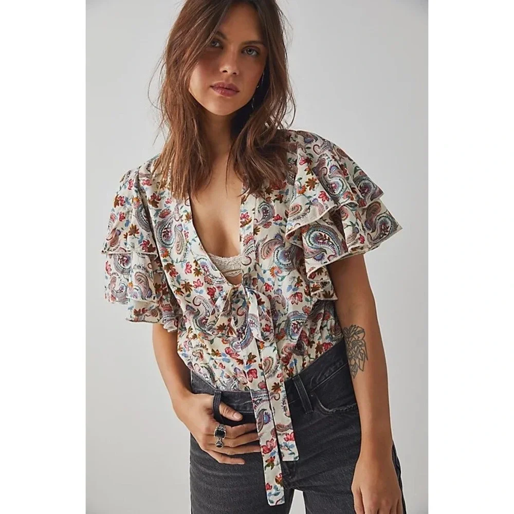 Free People Intimately Call Me Later Paisley Floral Ruffle Tie Front Bodysuit XS